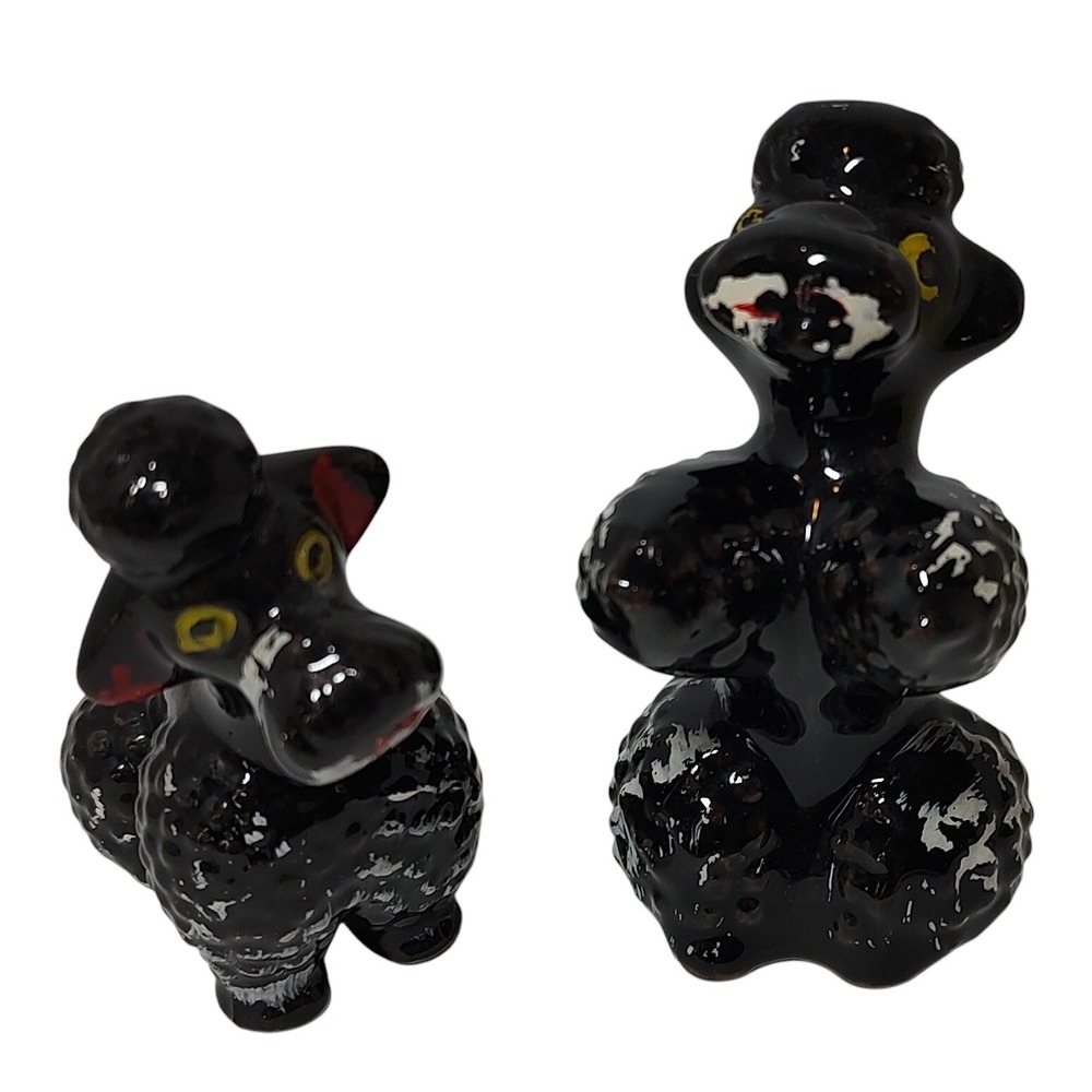 Redware Pottery Black Poodle Figurines Hand Painted Japan Dogs 1950s Set Two SEE